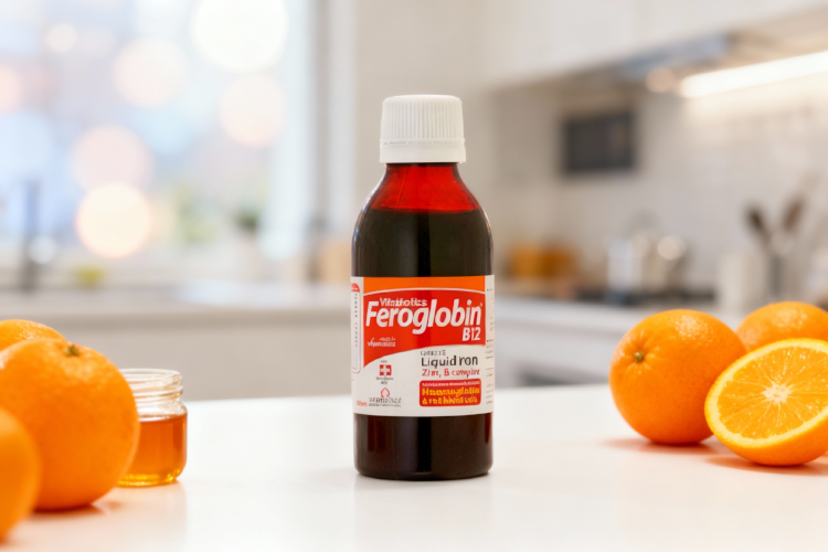 شربت فروگلوبین روی پیشخوان آشپزخانه با میوه و عسل